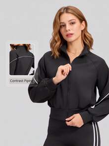 NcmRyu Women's 1pc Autumn/Winter Colorblock Line Design High Neck Zipper Pocket Cropped Jacket For Fitness Training - Black - View 2