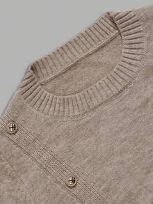 Aflion Women's Fall Winter Khaki Crew Neck Long Sleeve Knit Sweater With Diagonal Gold Button Decor For Campus, Date And Christmas - Khaki - View 5