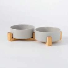 Ceramic Cat & Dog Bowl With Non-Slip Wooden Base, Elevated Pet Food & Water Bowl, Round Pet Feeding Bowl, Dishwasher , Easy To Clean - 450ml - View 7