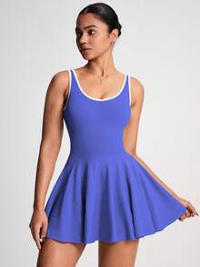 Women's Colorblock Spaghetti Strap Backless Casual Sports Dress, Built-In Bra With Pockets, Square Neck Tennis Skirt, Slim Fit Shaping Summer Style - Blue - View 7