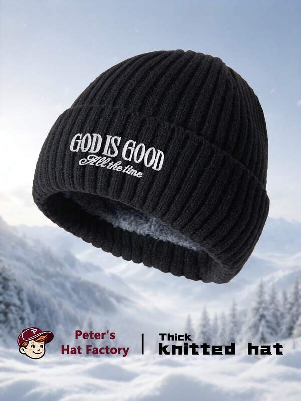1pc GOD-IS-GOOD Embroidered Winter Knit Hat, Fashionable Unisex Y2K Beanie, Windproof Warm Outdoor Hat, Ski Hat