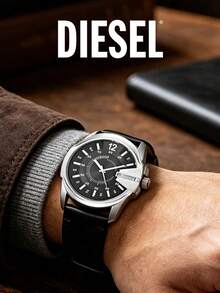 Diesel Men's Mega Chief Watch Silver-Tone Steel Case Black Leather Strap Analog Display Quartz Movement Date Function Industrial Design 100M - Black - View 4