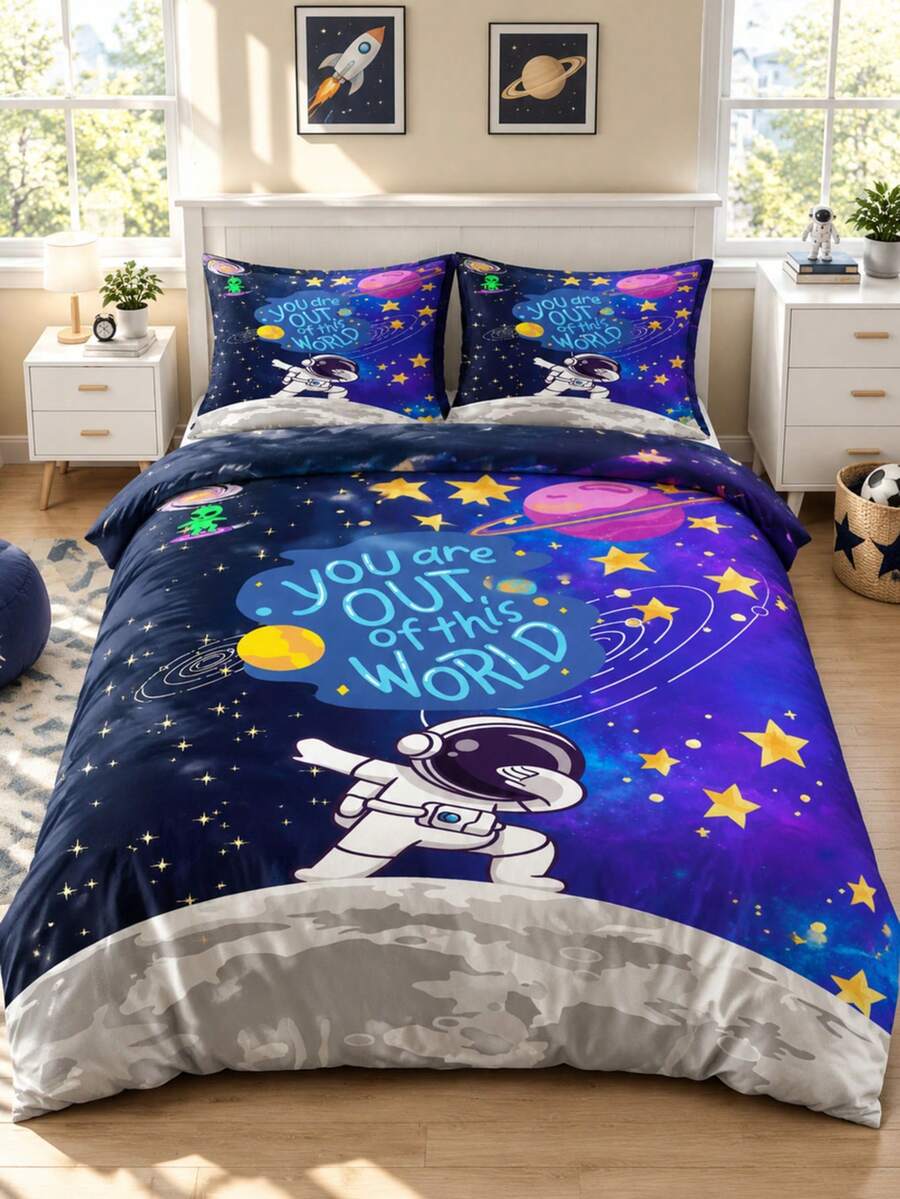 3Pcs Astronaut Alien Space Galaxy Print Duvet Cover Set, Bedding Set, Quilt Cover Without Filler - Multi-color D - View 1