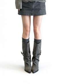 Western Style Pointed Toe Mid-Calf Boots With Buckle And Ruched Vintage Cowboy Design - Grey - View 3