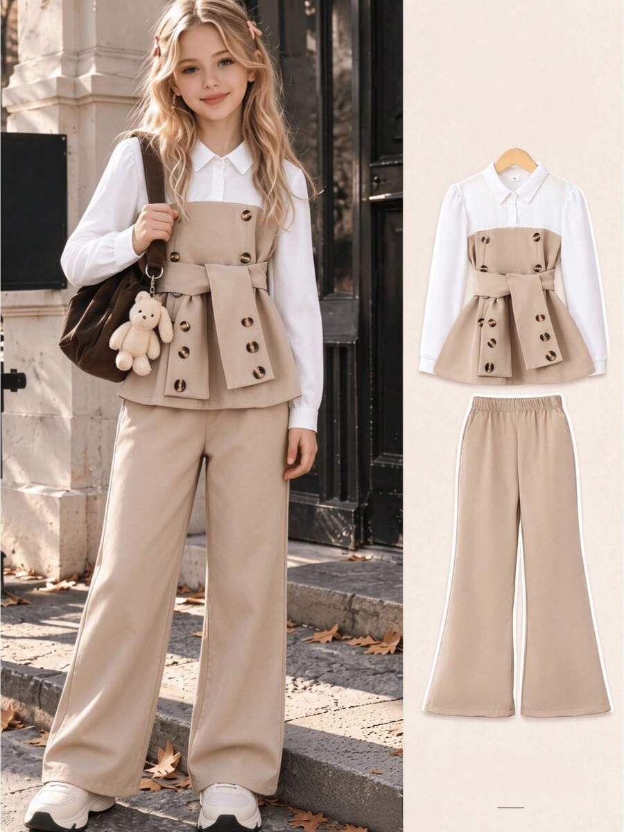 Girls' 2-Piece Preppy Style Set, 2-In-1 Long Sleeve Shirt And Flare Pants Outfit, Double-Breasted Tie Elegant Suit Set - Khaki - View 1