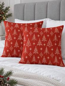 shangxia 2PCS-Red Background Minimalist Line Christmas Tree Print Pillowcase, White Line Star Holiday Sofa Cushion Cover---(Pillow Insert Not Included) - Multicolor - View 2