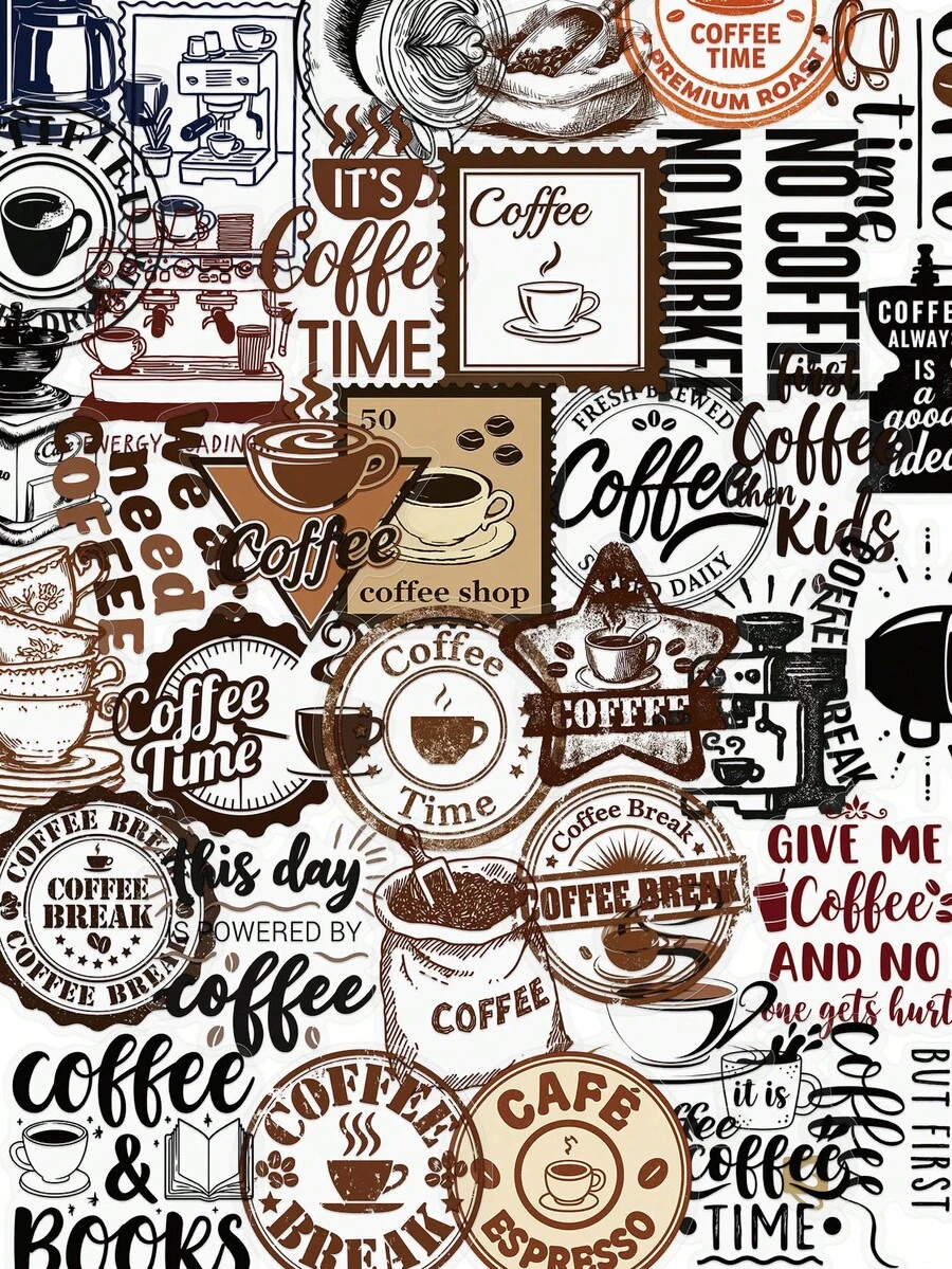 50pcs Line Art Coffee Stickers For Phone Case, Luggage, Planner ...
