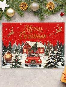2 Pcs Merry Christmas Santa Red Car Placemats Snowy House Reindeer Snowman Print Heat Resistant Table Mats Farmhouse Xmas Dining Table Decor - Red - View 3