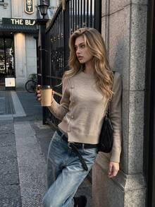 Aflion Women's Fall Winter Khaki Crew Neck Long Sleeve Knit Sweater With Diagonal Gold Button Decor For Campus, Date And Christmas - Khaki - View 3