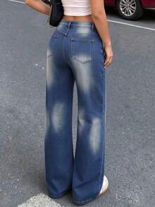 Women's Casual Straight Leg Jeans With Button And Zipper Details, Long Non-Stretch Fabric, Suitable For Daily Fashion Wear - Dark Wash - View 3