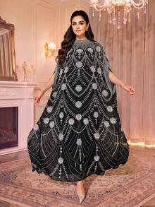 Women's Luxury Black Long Robe Dress, High Elasticity Arabic Style Outfit With Exquisite Embroidery, Perfect For Evening Occasions - Silver - View 1