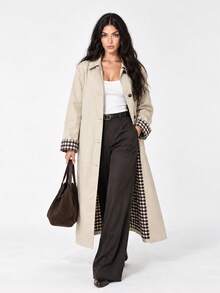 Zerodot Women Beige Plaid Check Cuff Detail Button Front Long Trench Coat Daily Fall Winter Layering - Khaki - View 1