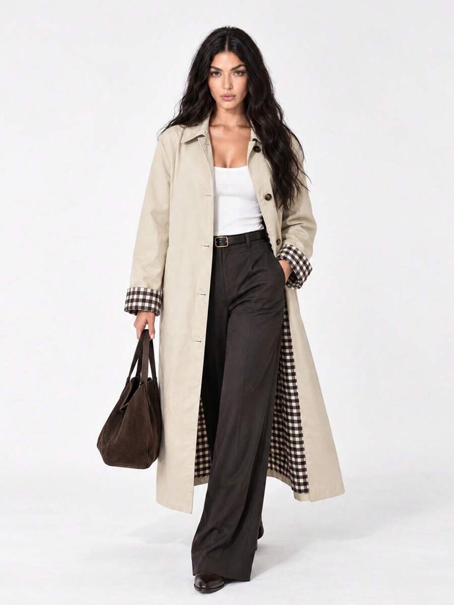 Zerodot Women Beige Plaid Check Cuff Detail Button Front Long Trench Coat Daily Fall Winter Layering - Khaki - View 1