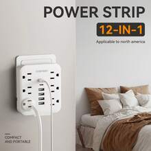 1pc 12-In-1 Power Strip With 4 USB-A Ports, 2 Type-C Ports And 6 AC Outlets. 110V-130V, A-Type Wall Socket, Portable For Home, Office And Travel - US B Type Plug(110-127V) - View 5