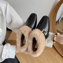 Vintage Square Toe Plush Women's Shoes With Thick Fleece Lining, Buckle Decor, Comfortable Flat Sole Warm Shoes - Black - View 5