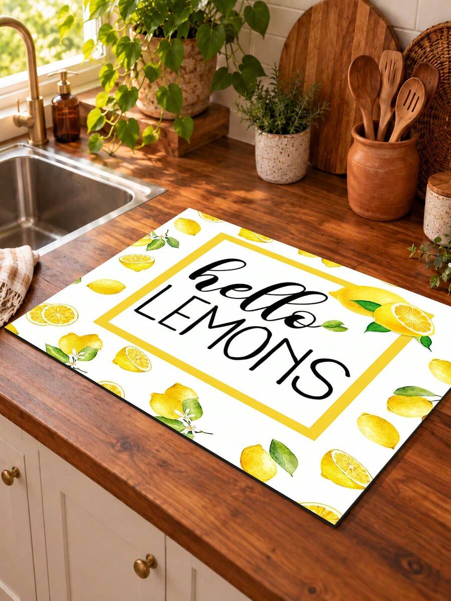 1pc Yellow Lemon Letter Pattern Dish Drying Mat, Fresh Summer Pastoral Style, Quick-Drying Absorbent Material, Fruit Text Print Design, Non-Slip Surface Protection, Suitable For Daily Kitchen, Dish Drying, Home Gatherings And Home Decor - Multicolor - View 1