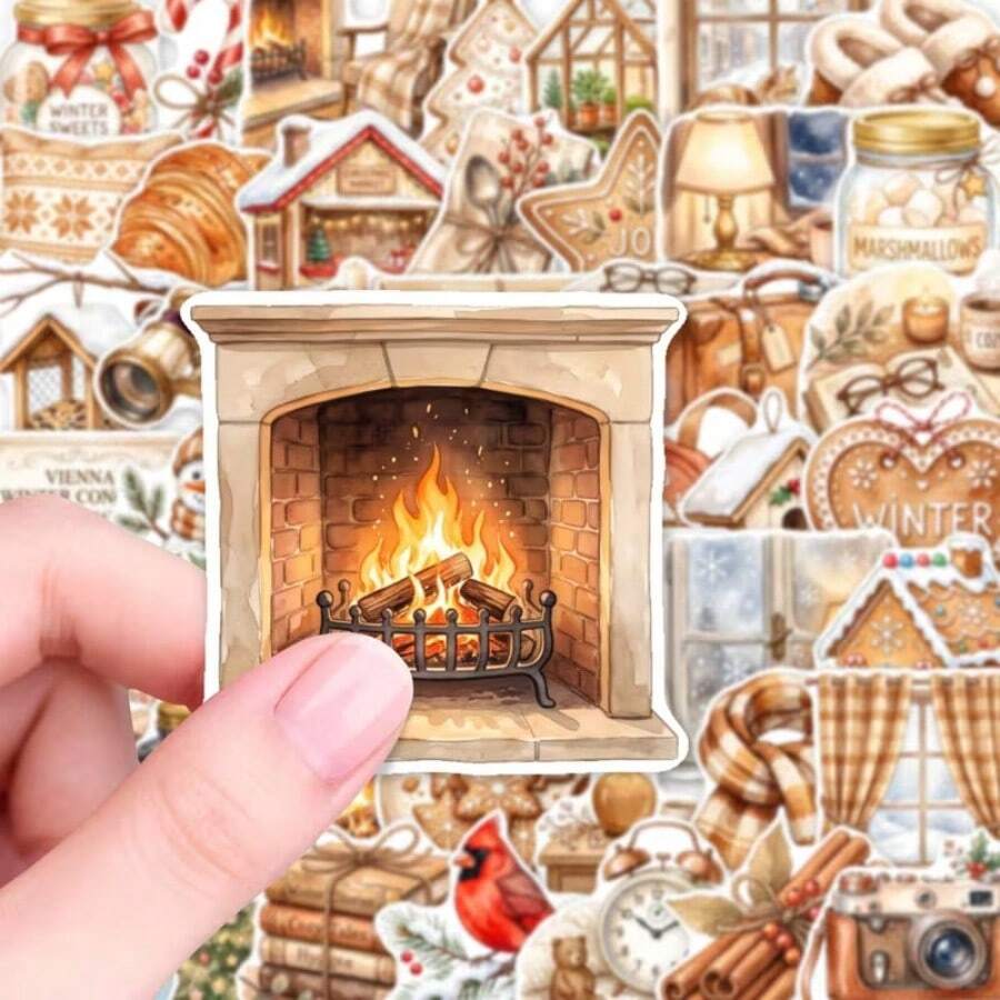 50pcs Cozy Winter Themed Stickers, Warm Fireplace & Holiday Scene Decals, Ideal For Journal Decor, Laptop Embellishment, Planner Decoration - one-size - View 1