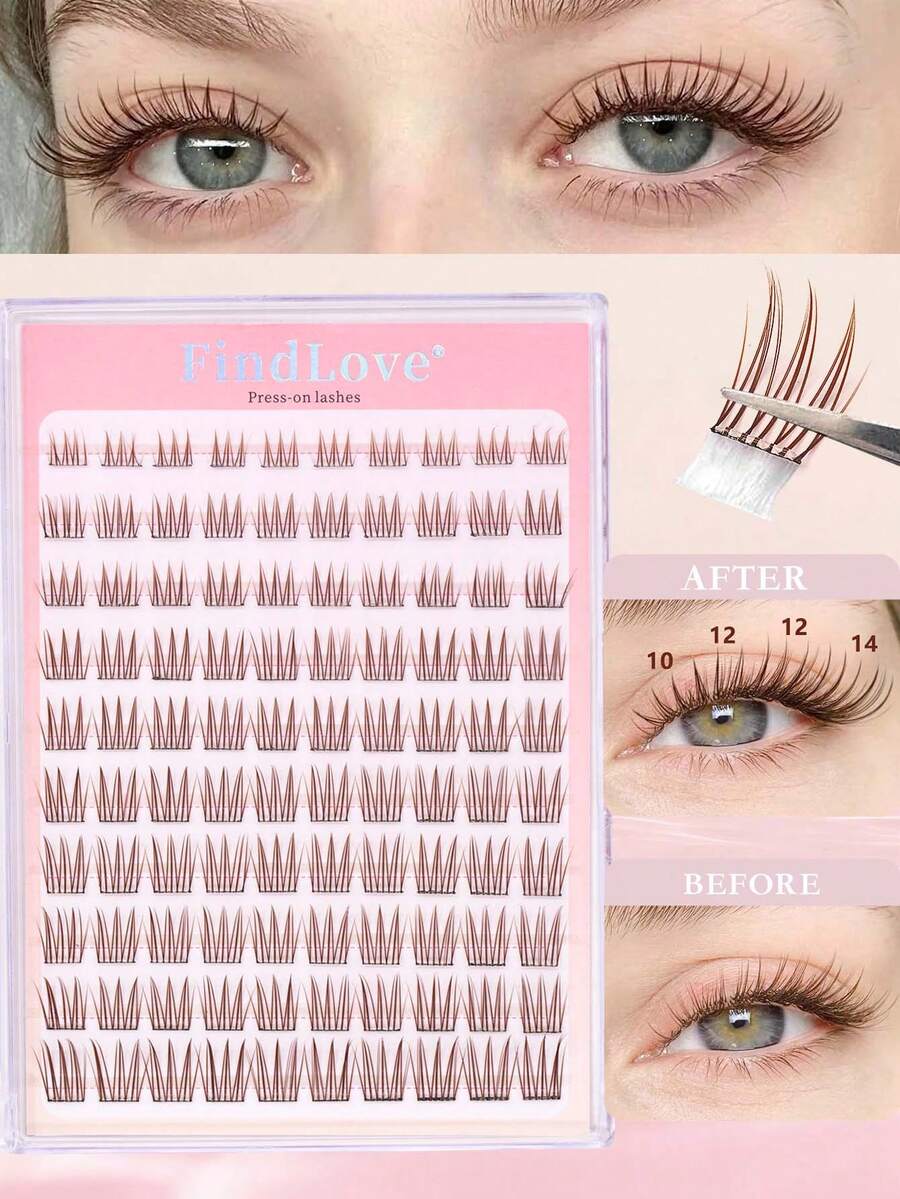 FindLove 100Clusters Natural Brown Lashes With Adhesive DIY Pre Glued Lash Extensions C Curl 8-16mm Press-On Eyelash Idol Wispy Lash Reusable Individual Eyelashes Natural Soft Lightweight Mix Style Lash Clusters For Self Use At Home Or Travel Makeup Tools - C - View 1