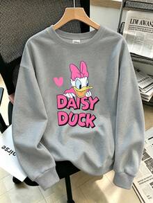 Disney Plus Size Women's Casual Daisy Duck Print Sweet & Cool Style Autumn/Winter Crew Neck Long Sleeve Sweatshirt - Grey - View 3