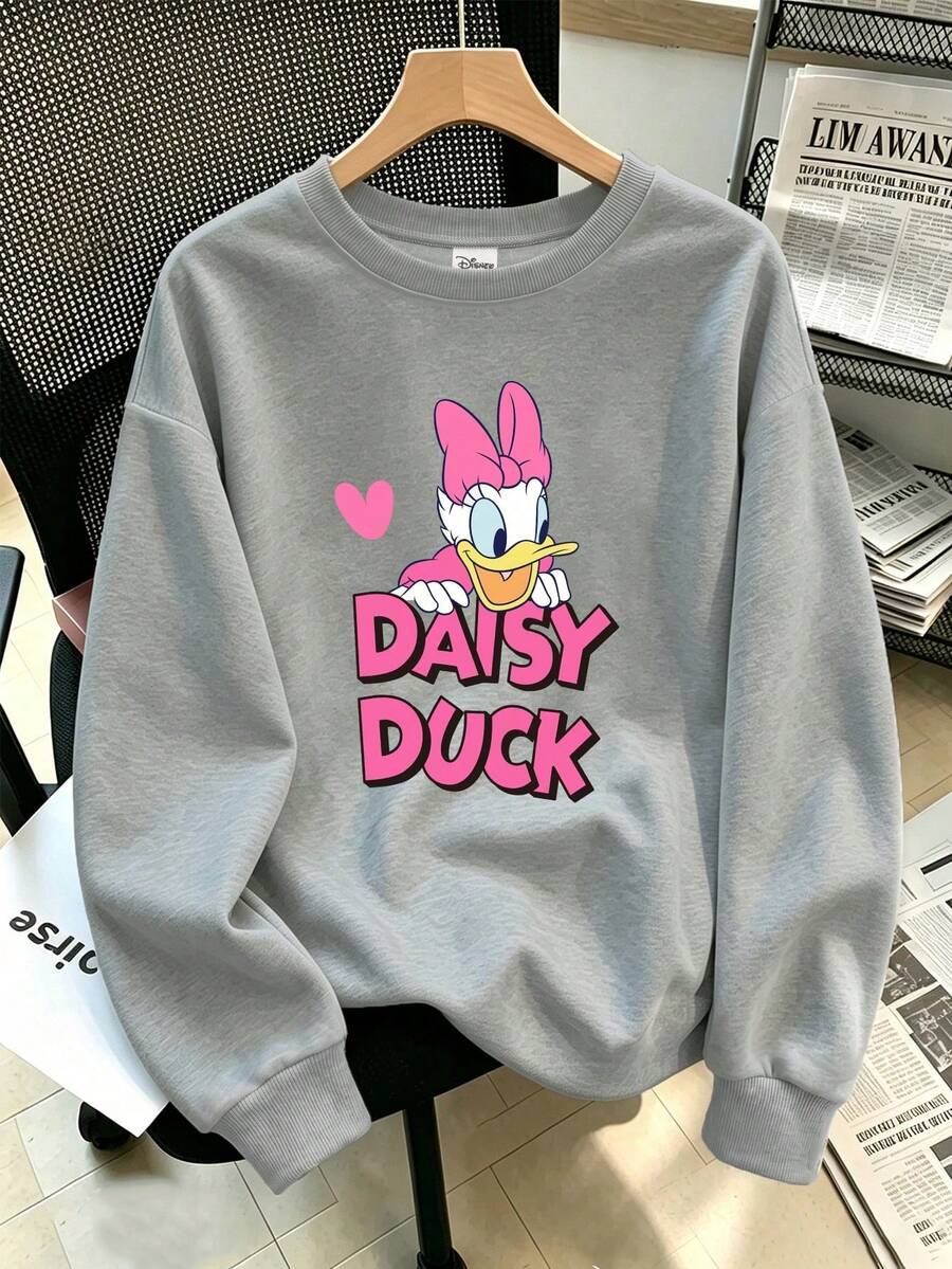 Disney 大尺碼女款休閒雛鴨印花甜酷風秋冬圓領長袖衛衣 - 灰色 - 查看 1