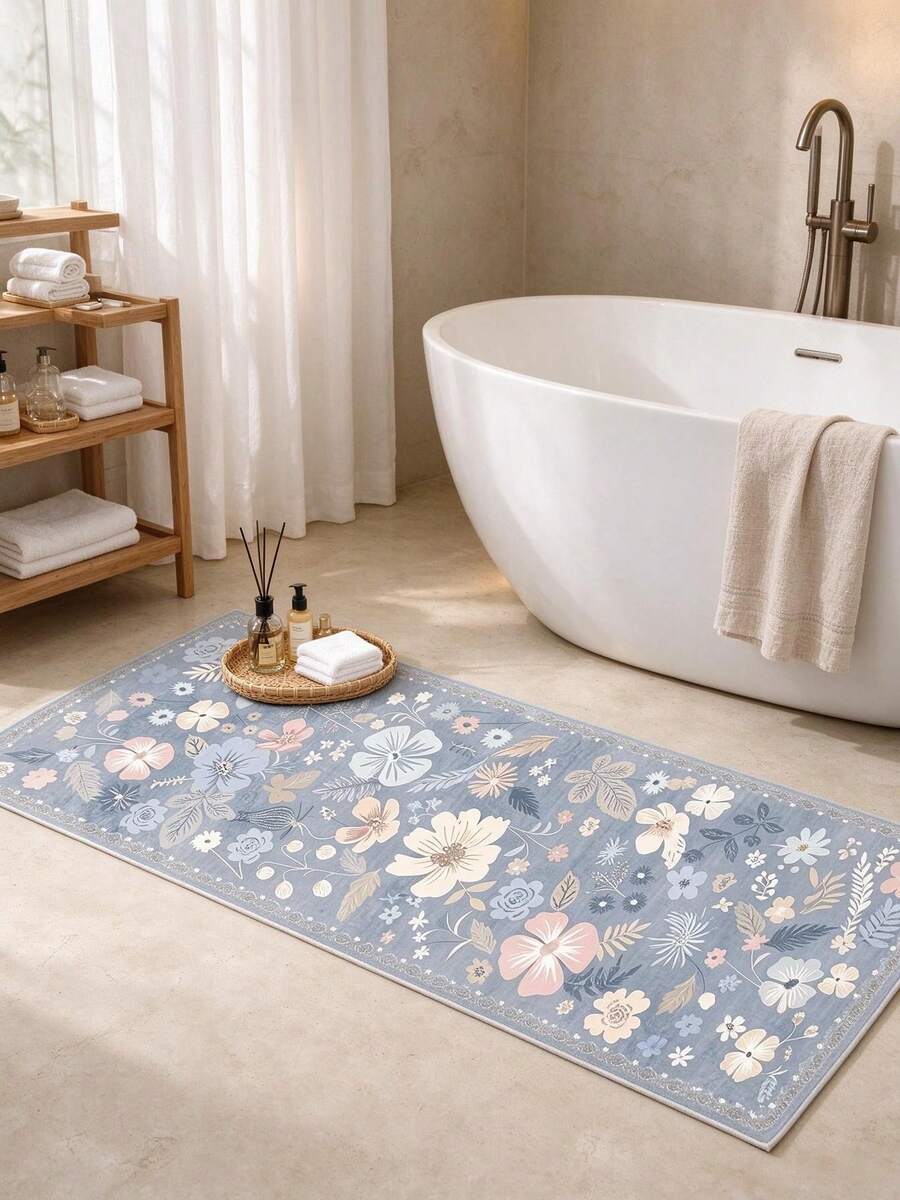 1pc Fog Blue Floral Long Runner Rug, Soft & Comfortable Bedroom Carpet, Washable Rug, Suitable For Front Door, Entryway, Hallway, Kitchen, Bedroom, Dorm, Dining Room, Skin-Friendly Rug, Living Room Carpet, Sofa Seating Rug, Area Rug, Creative Versatile Home Decor Rug, Large Living Room Rug, Bedroom Carpet, Walk-In Closet Rug, Room Decor, Gift For Family And Friends - Multicolor - View 1