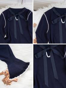 Sweet Elegant Women's Tie-Front Contrast Color Ruffle Sleeve Textured Slim Fit Sweater, Casual Party Holiday Top For Autumn/Winter - Navy Blue - View 8