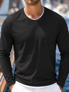 Setelan 2 Potong Pria Musim Semi/Gugur, Model Slim Fit, Bahu Reguler, Leher Bulat, Lengan Panjang, Kaos - Hitam - View 4