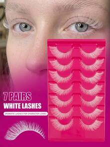 7 Pairs White Cat Eye Full Strip False Eyelashes, Suitable For Cosplay Party Makeup, Halloween Colorful False Eyelashes - White - View 4