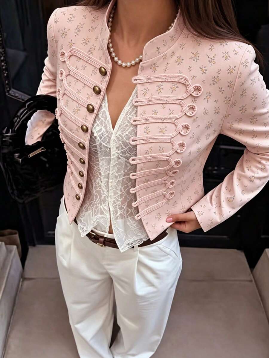 GMFP Women's Spring/Autumn Pink Soft Ditsy Floral Stand Collar Frog Button Slim Fit Cropped Jacket, Suitable For Back To School, Halloween, Christmas Party And Daily Wear - Pink - View 1