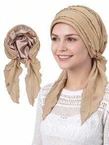 1pc Satin Lined Pre-Tied Headscarf, Ruffle Pleated Cotton Headwrap, Sleep Bonnet, Muslim Headwear - Multicolor - View 10