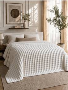 1pc Thick Plush Geometric Pattern Multi-Functional Blanket - Soft Light Beige, Suitable For All Seasons, For Sofa, Bed, Car And Travel - Machine Washable White Comfortable Quilt, Guest Room Accessory | Embossing Technology | Soft Texture, Autumn Decor, Room Decoration Back To School/Opening Season/Dorm Bedding - White - View 2