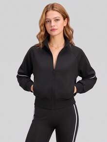 NcmRyu Women's 1pc Autumn/Winter Colorblock Line Design High Neck Zipper Pocket Cropped Jacket For Fitness Training - Black - View 8