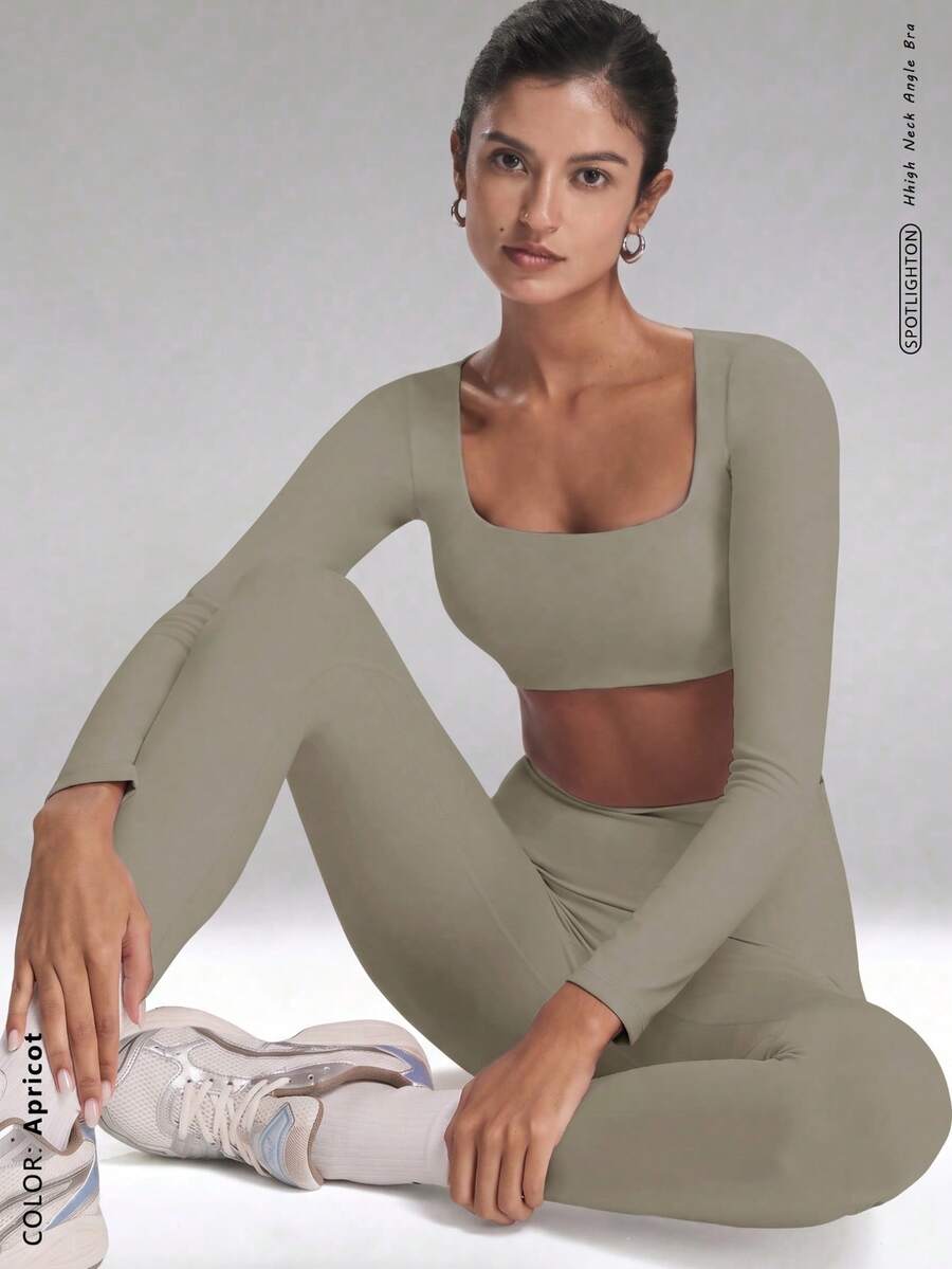 FWH Cropped Long Sleeve Top + Pleated Shorts, Skin-Tight & Comfortable, Designed For Shaping, Naked-Feel Fabric Sports - Apricot - View 1