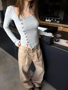 Women's Gray Knit Long Sleeve Crew Neck Top Asymmetric Button Design Slimming Fitted T-Shirt Base Layer Autumn - Light Grey - View 5
