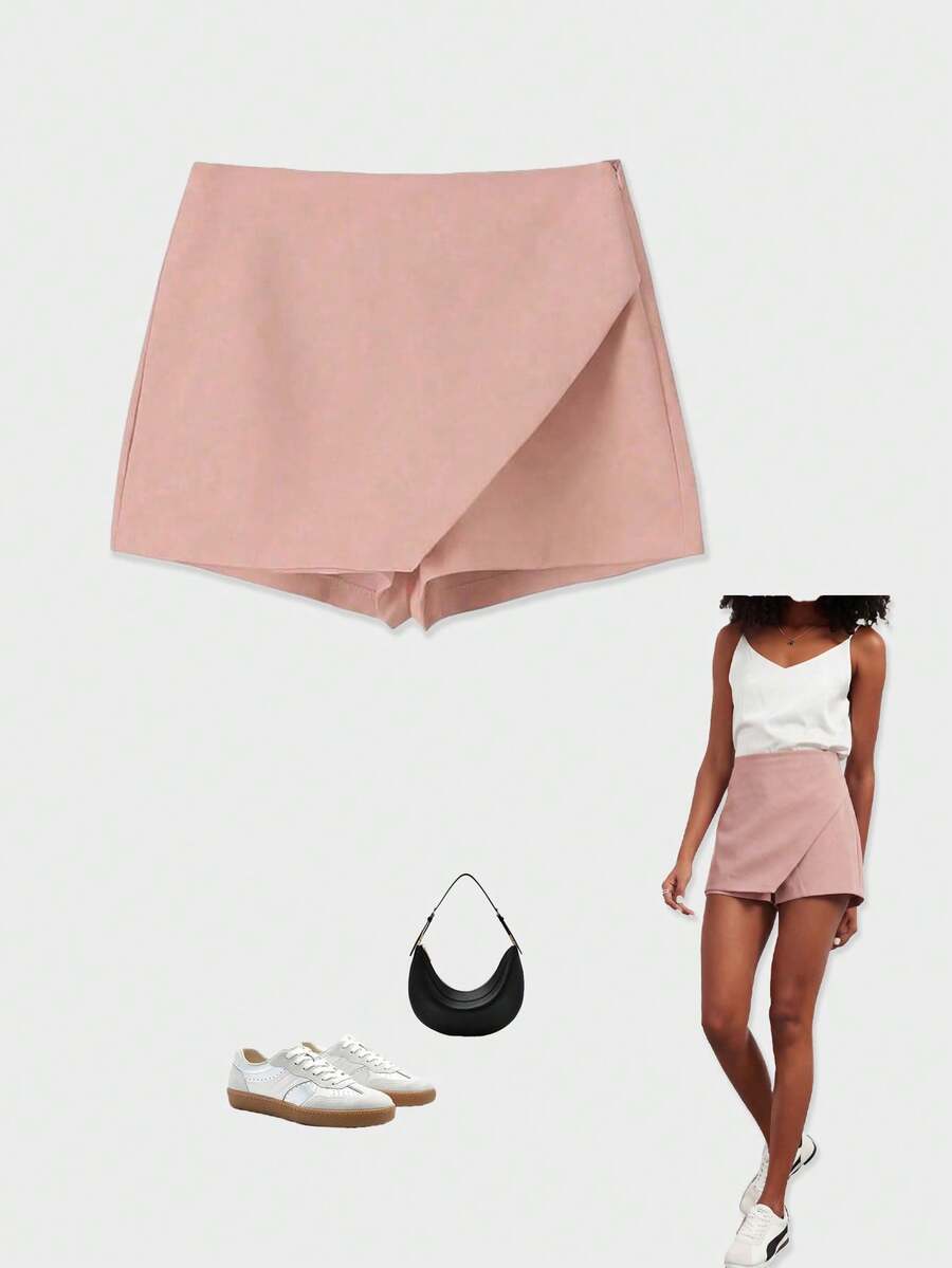 YROOE Women's Fashion Casual Versatile Solid Color Asymmetrical Skirt Shorts - Red Bean Paste Powder - View 1