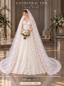 1pc Floral Lace Sequin Cathedral Style Bridal Veil, Long Wedding Veil With Metal Comb, Suitable For Bride - Multicolor - View 13