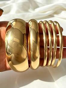 6pcs Minimalist Luxury Gold Stackable Open Bangle Bracelet Set, Exaggerated Design, Versatile Jewelry Gift For Women, Party, - Gold - View 3