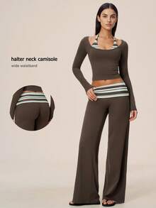 NcmRyu One Set Women's Fashion Contrast Color Striped Halter Neck Faux Two Pieces Long Sleeve Cropped Top Straight Leg Wide Leg Pants Sports Set - Brown - View 1