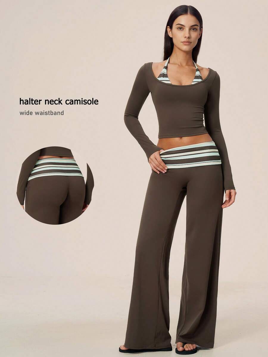 NcmRyu One Set Women's Fashion Contrast Color Striped Halter Neck Faux Two Pieces Long Sleeve Cropped Top Straight Leg Wide Leg Pants Sports Set - Brown - View 1