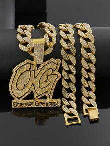 Full Rhinestone OG Letter Pendant Necklace, Iced Out Cuban Chain, Men's Hip Hop Shiny Personalized Jewelry, Nightclub Party Accessory - Original - View 16