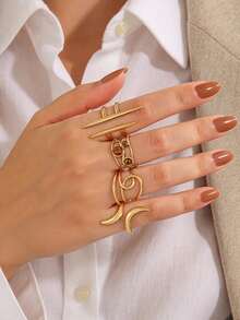 4pcs Stainless Steel Gold Fashion Versatile Luxury Elegant Geometric Line Rings Set Suitable For Women's Daily, Holiday, Shopping, Dating Wear - Multicolor - View 1