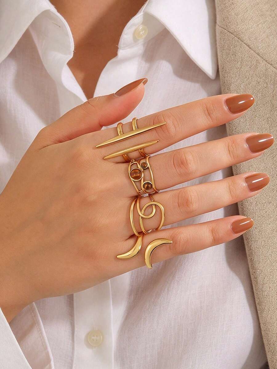 4pcs Stainless Steel Gold Fashion Versatile Luxury Elegant Geometric Line Rings Set Suitable For Women's Daily, Holiday, Shopping, Dating Wear - Multicolor - View 1