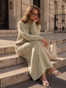 Women Fall Turtleneck Knit Set Long Sleeve Sweater And Maxi Skirt Two Pieces Outfit Soft Knitted Casual Autumn Matching Set For Daily Wear - Khaki - View 8
