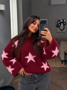 Women's Sweater, NewDesign Autumn/Winter All-MatchTops Minimalist Casual Versatile Five-Pointed Star Jacquard Loose Knit Fall - Pink Brown - View 2