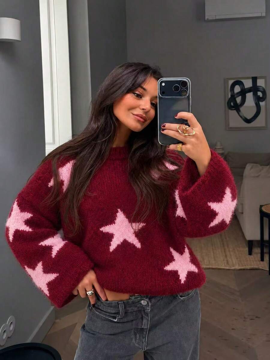 كنزة نسائية بتصميم جديد للخريف والشتاء، ملابس علوية علوية متعددة الاستخدامات بتصميم بسيط وكاجوال، بنقشة جاكار نجمة خماسية، محبوكة فضفاضة - بني وردي - مشاهدة 1