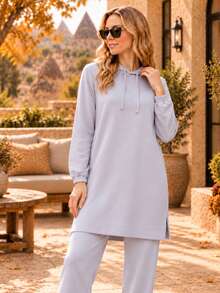 Elegant Two-Piece Set With Long Hood And Wide-Leg Pants – Simple And Comfortable Fit - Light Grey - View 5