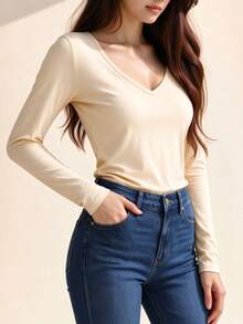 Women's V-Neck Apricot Long Sleeve T-Shirt, Slim Fit, Solid Color Basic Layering Top - Apricot - View 4