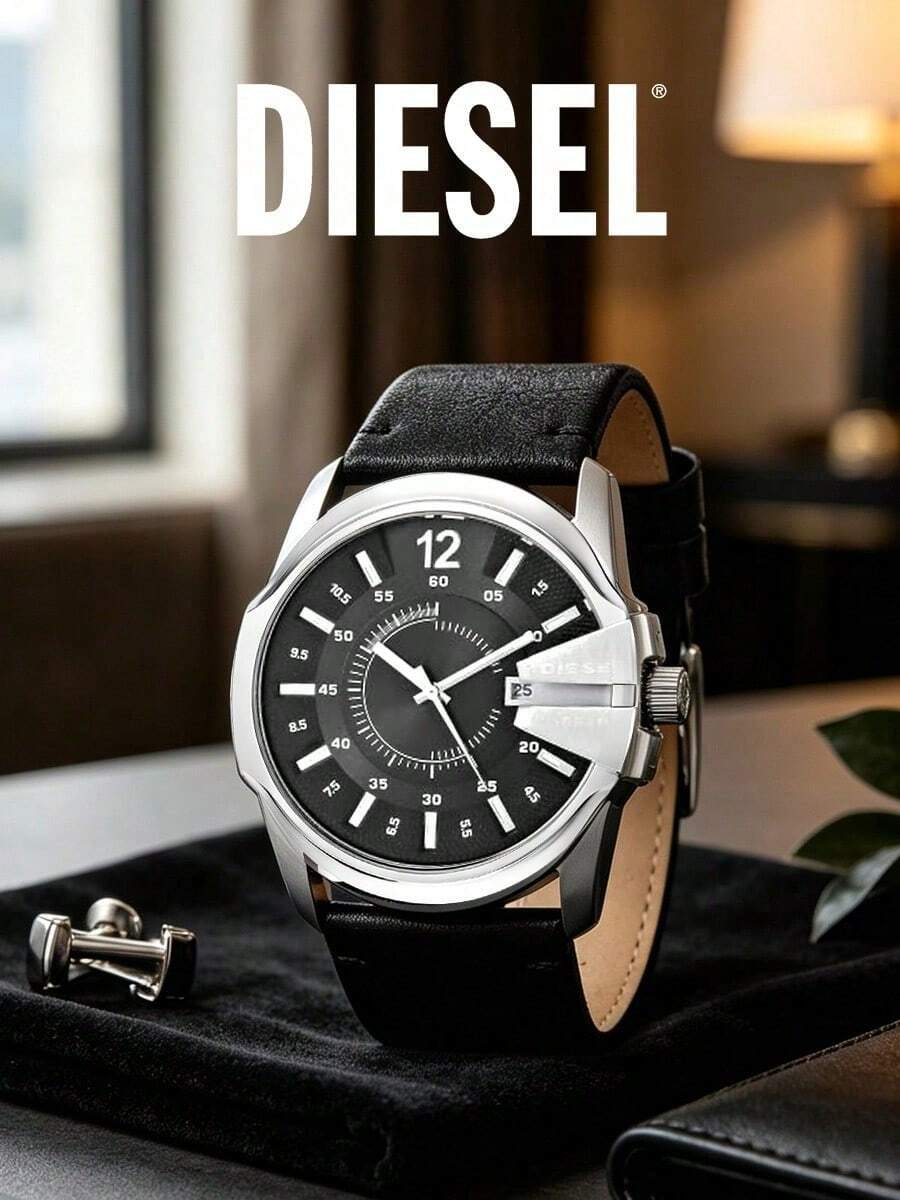 Diesel Men's Mega Chief Watch Silver-Tone Steel Case Black Leather Strap Analog Display Quartz Movement Date Function Industrial Design 100M - Black - View 1