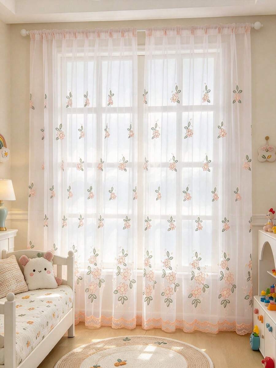 1PC Rod Pocket Pink Base Vertical Floral Embroidered Sheer Curtain, Translucent Non-See-Through Window Sheer, Sweet Girl Children's Bedroom Bay Window Finished Sheer Curtain - Multicolor - View 1