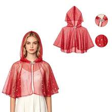 1pc Christmas Star Foil Print Short Cape For Carnival Party, Stage Performance, Halloween, Cosplay, Spring/Summer Short Shawl, Star Mesh Hooded Cardigan Cape - Red - View 2